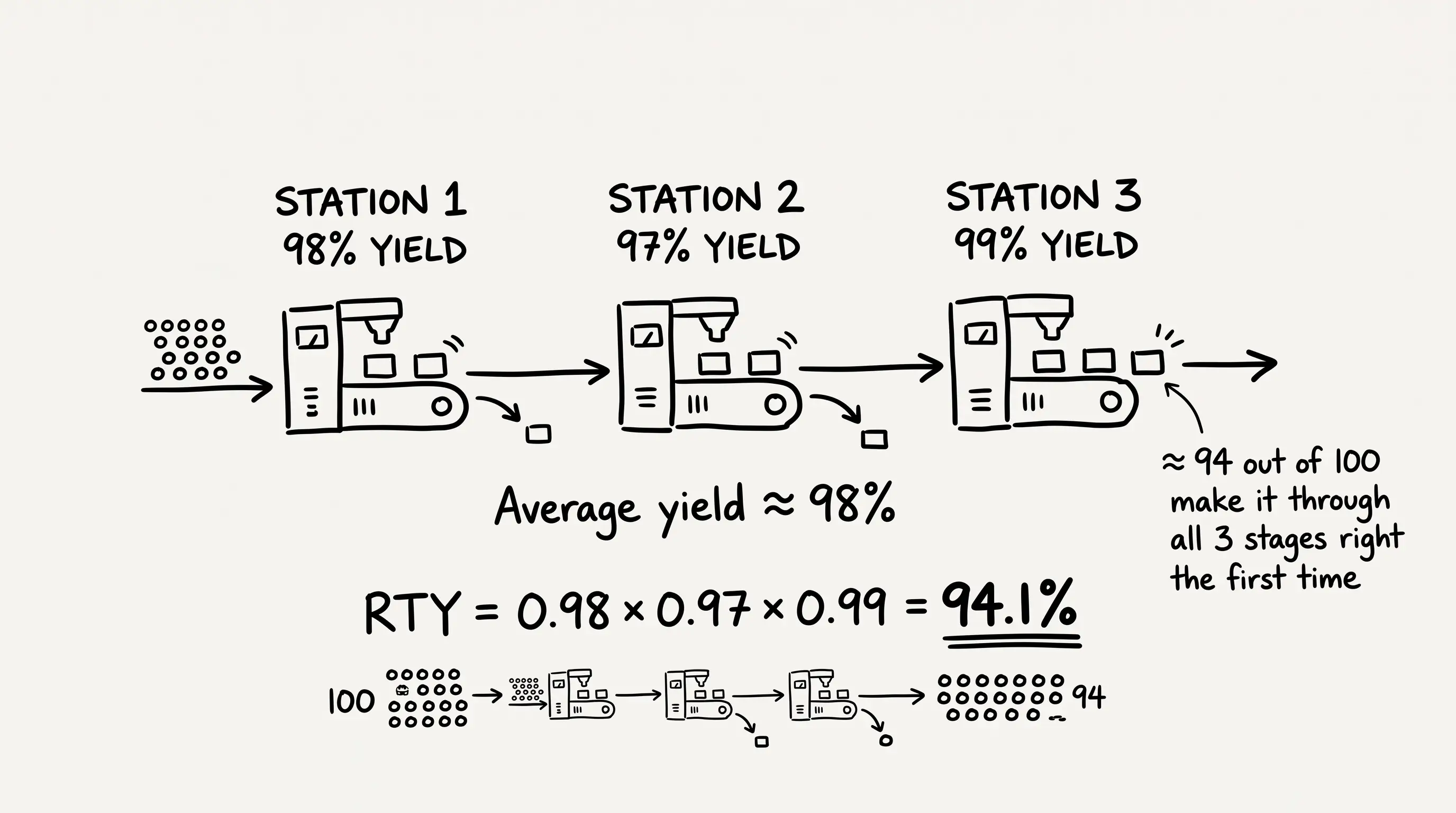Grafico comparativo tra la resa media per stazione e il Rolled Throughput Yield (RTY) cumulativo