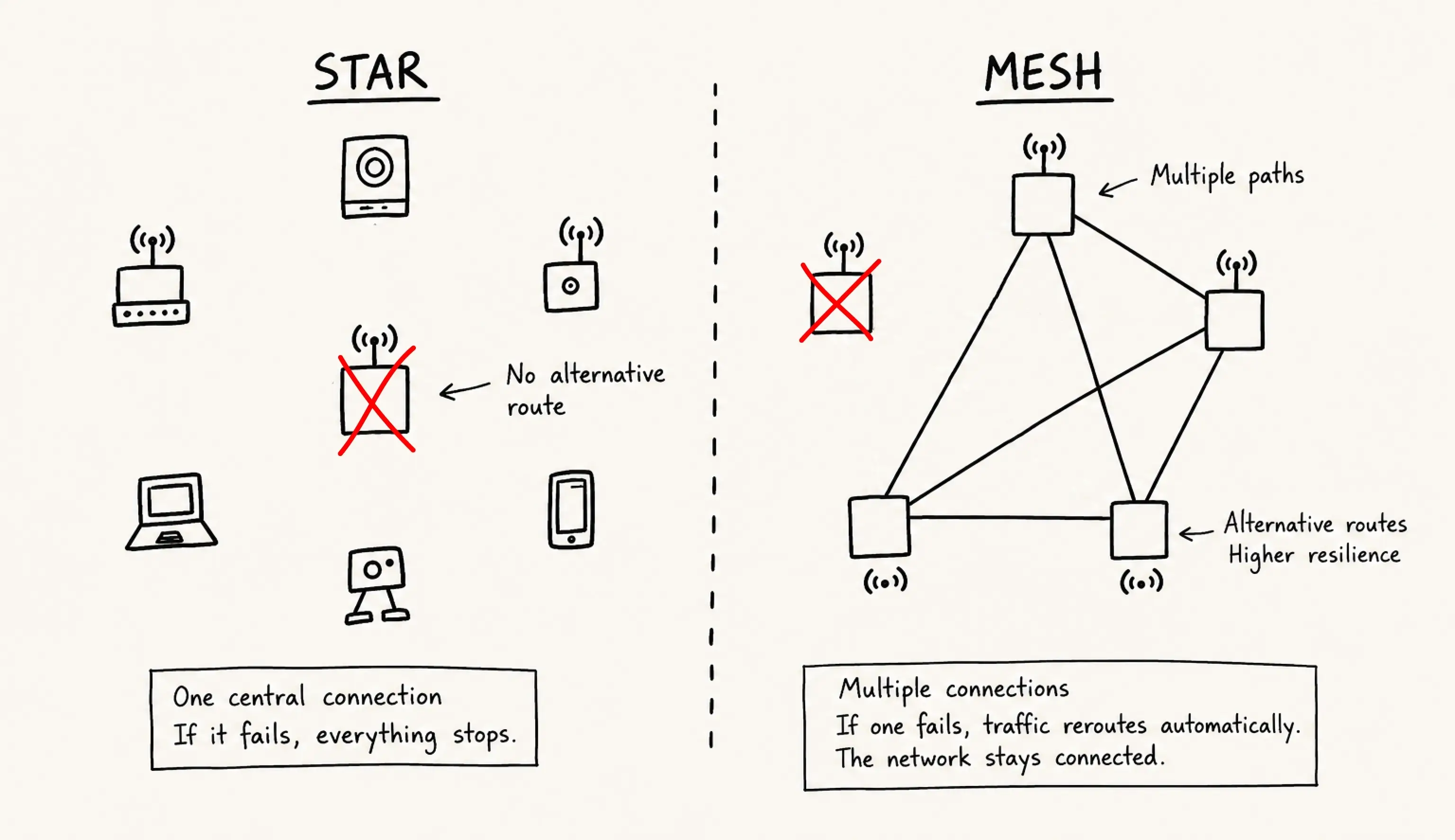 Network diagram illustrating fault tolerance: comparison of total blackout in star topology versus automatic rerouting in a self-healing mesh network during a node failure.