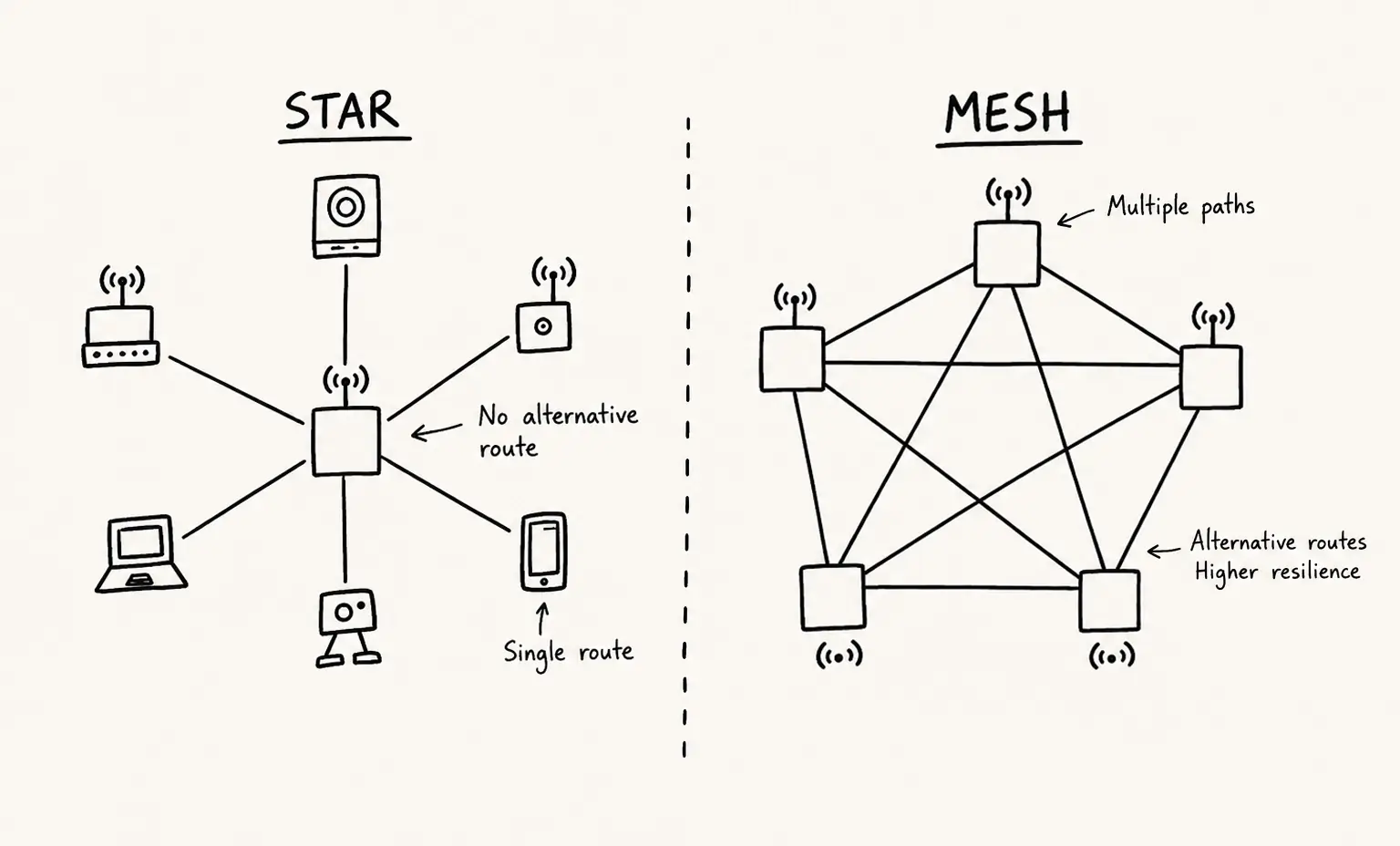 Technical diagram comparing Star Topology (centralized hub) and Mesh Topology (decentralized interconnected nodes) for wireless networks.