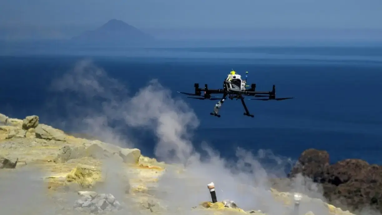 Drone image of a lava flow on Mount Etna during an active eruption