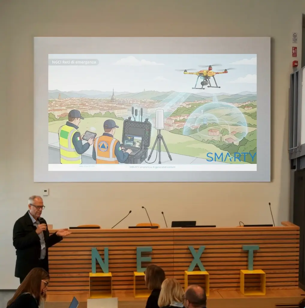 Enzo Manco presenta la proposta di SMA-RTY per la connettività drone-5G durante il ToMove Sprint Dive